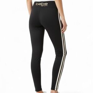 Bebe Sport Y2K Black High-Rise Leggings with Metallic White Gold Racer Stripe
